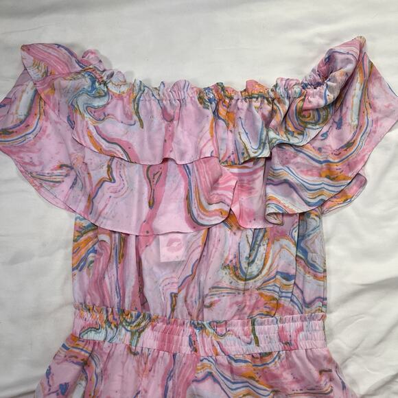 Buddy Love Dress Size M Pink Swirl Off Shoulder Smocked Waist Chiffon Mini NWT - Picture 2 of 12